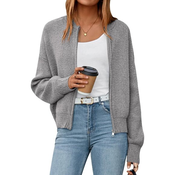 Women's Cropped Cardigan Sweaters Fall Open Front Long Sleeve Ribbed Knit Zipper - Picture 1 of 8